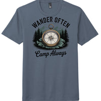 Wander Often Camp Always t-shirt featuring a compass design on navy frost perfect tri tee for travel.