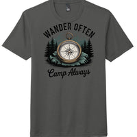 Charcoal tee with compass design and 'Wander Often, Camp Always' text, perfect tri tee for travel.