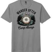 Wander Often Camp Always design on a grey perfect tri tee for travel featuring a compass and trees.