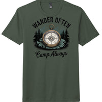 Wander Often graphic on Heathered Forest Green Perfect Tri Tee for travel with compass design and 'Camp Always' text.