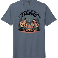 Camping Memories t-shirt featuring a family around a campfire, enjoying music and storytelling on a navy frost tee.