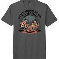 Camping memories t-shirt in charcoal featuring a family around a campfire, perfect for outdoor enthusiasts.