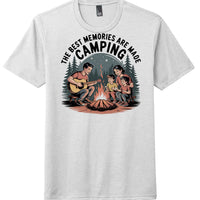 Camping memories t-shirt featuring a family around a campfire, enjoying music and storytelling in nature.