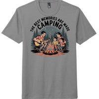 Camping memories t-shirt featuring a family enjoying a campfire in a grey tee.
