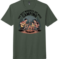 Camping memories t-shirt featuring a family enjoying a campfire, singing and creating lasting memories.