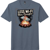 District Perfect Tri Tee in Navy Frost featuring 'Less Wi-Fi More Campfire' graphic design with a campfire illustration.