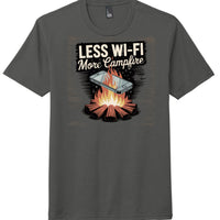 District Perfect Tri Tee in charcoal color featuring design 'Less Wi-Fi More Campfire' with flames.