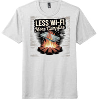 District Perfect Tri Tee featuring a campfire graphic with the text 'Less Wi-Fi More Campfire' printed on a light grey shirt.