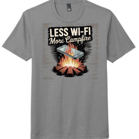 District Perfect Tri Tee in Grey Frost featuring 'Less Wi-Fi More Campfire' graphic with a campfire and smartphone.