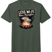District Perfect Tri Tee featuring 'Less Wi-Fi More Campfire' graphic on heathered forest green shirt.