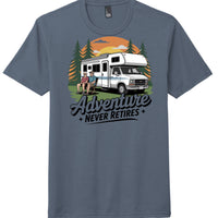 Navy Frost adventure retirement t-shirt featuring a graphic of a camper and a slogan 'Adventure Never Retires'.