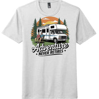 adventure retirement t-shirt featuring two people sitting by an RV, surrounded by trees and a sunset.