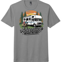 Grey frost adventure retirement t-shirt featuring a retro camper design and text 'Adventure Never Retires'.