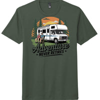 Adventure retirement t-shirt featuring RV graphic and 'Adventure Never Retires' text on heathered forest green tee.