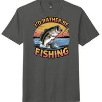 Charcoal I’d Rather Be Fishing graphic tee with vibrant fish design and sunset background.