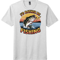 Fishing graphic tee featuring a bass jumping from water with the text 'I'd Rather Be Fishing' on a white shirt.