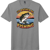 I'd rather be fishing graphic tee in Grey Frost with a vibrant fish and sunset design, perfect for fishing enthusiasts.