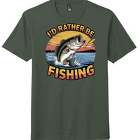 Fishing graphic tee featuring a vibrant design of a fish leaping out of water on a heathered forest green shirt.