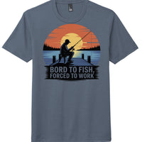 Fishing themed tri-blend tee featuring a graphic of a fisherman on a dock at sunset, navy frost color.