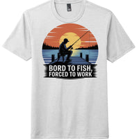 Fishing themed tri-blend tee featuring 'Born to Fish, Forced to Work' graphic on a light gray shirt.