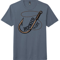 Navy frost perfect tri tee shirt featuring a graphic of a fishing hook with 'Hooked for Life' text.