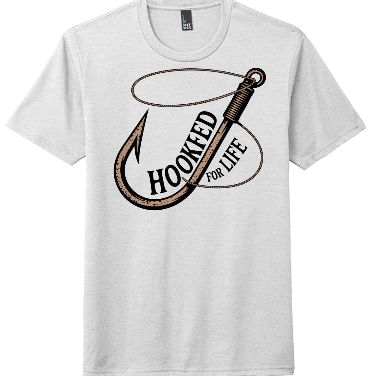 White Perfect Tri Tee Shirt featuring "Hooked for Life" graphic design on a comfortable fabric.