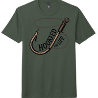 Hooked for Life design on a heathered forest green perfect tri tee shirt.