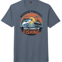 District Perfect Tri Tee in Navy Frost with fishing graphic and text 'Weekend Forecast: 100% Chance of Fishing'.