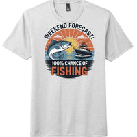 District Perfect Tri Tee featuring Weekend Forecast: 100% Chance of Fishing graphic, in light gray color.