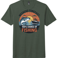 District Perfect Tri Tee in Heathered Forest Green with 'Weekend Forecast: 100% Chance of Fishing' graphic design.