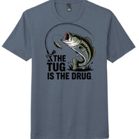 alt_tag: Graphic tee featuring a fish and fishing rod with text 'THE TUG IS THE DRUG', perfect for outdoor enthusiasts.