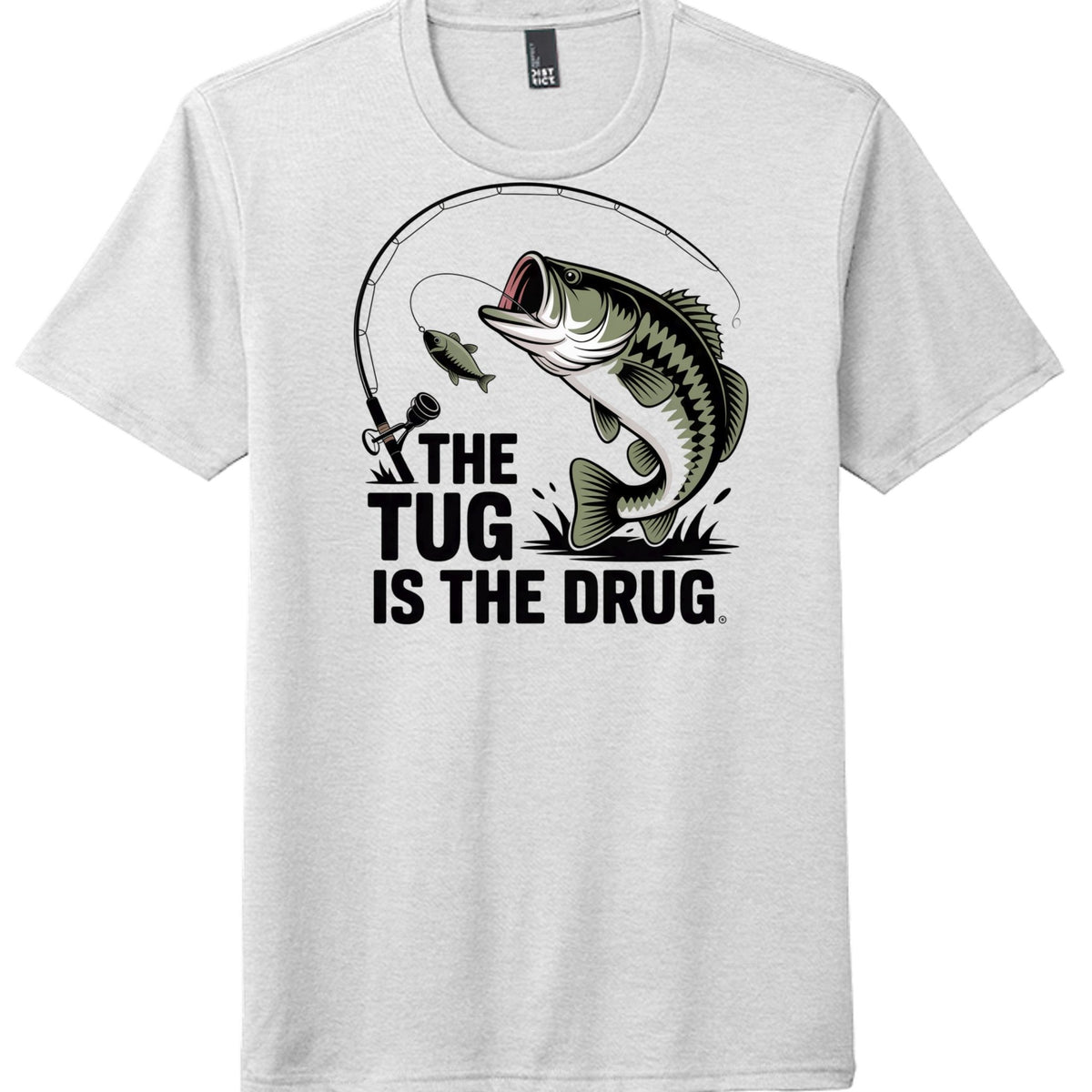 Graphic t-shirt featuring a bass fish and fishing rod with the phrase 'THE TUG IS THE DRUG' in bold text.