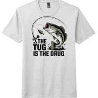 Graphic t-shirt featuring a bass fish and fishing rod with the phrase 'THE TUG IS THE DRUG' in bold text.