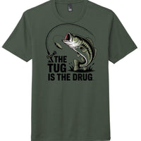 The Tug is the Drug graphic on District Perfect Tri Tee in Heathered Forest Green, featuring a fish and fishing rod design.