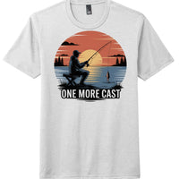 One More Cast graphic on a white District DM130 Perfect Tri Tee shirt with a fisherman silhouette and sunset design.
