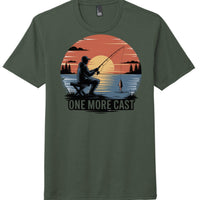 Heathered Forest Green perfect tri tee shirt featuring a fishing graphic with text 'One More Cast'.