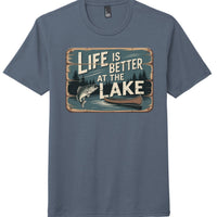 Lake life t-shirt featuring 'Life is better at the Lake' design on Navy Frost background.