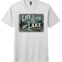 Life better at the Lake graphic on a white lake life t-shirt, perfect for outdoor enthusiasts.