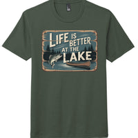 Heathered Forest Green lake life t-shirt featuring the slogan 'Life is Better at the Lake' with fish and canoe graphics.