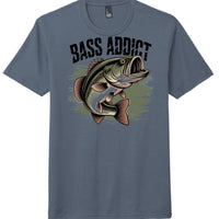 Bass Addict tri-blend tee in Navy Frost featuring an illustrated bass graphic on soft fabric.