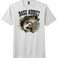Bass Addict tri-blend tee featuring a graphic of a bass fish on a white District DM130 shirt.