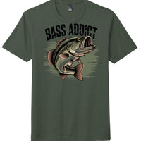 Bass Addict tri-blend tee in Heathered Forest Green with a graphic of a bass fish.