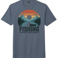 District DM130 Fishing Tee in Navy Frost featuring fishing graphic and slogan 'Fishing Solves Everything'.