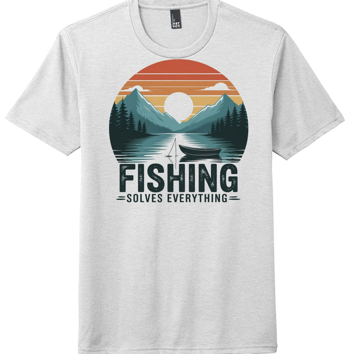 District DM130 Fishing Tee featuring a scenic design with mountains and a boat, perfect for fishing enthusiasts.