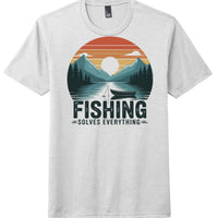 District DM130 Fishing Tee featuring a scenic design with mountains and a boat, perfect for fishing enthusiasts.