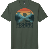 District DM130 Fishing Tee in Heathered Forest Green featuring a scenic fishing graphic with mountains and a lake.