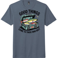 Good Things graphic tee with fishing theme, blue shirt featuring the phrase "come to those who bait" and colorful fish design.