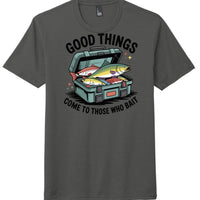 Charcoal perfect tri blend t-shirt with 'Good Things Come to Those Who Bait' graphic design and fishing motif.