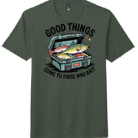 Good Things graphic on a Heathered Forest Green perfect tri blend t-shirt featuring a fishing tackle box with fish.