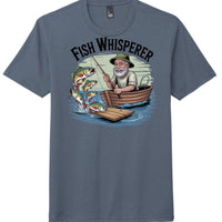 Fish Whisperer graphic on District DM130 perfect tri tee for fish enthusiasts in Navy Frost color.